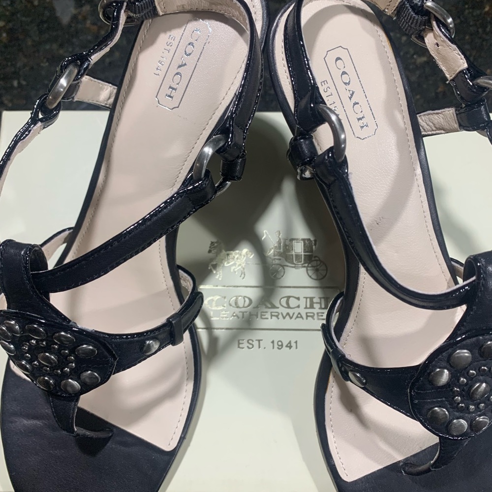 Coach brand new in box sz 10 black gorgeous thong style sandals with wedge heel.